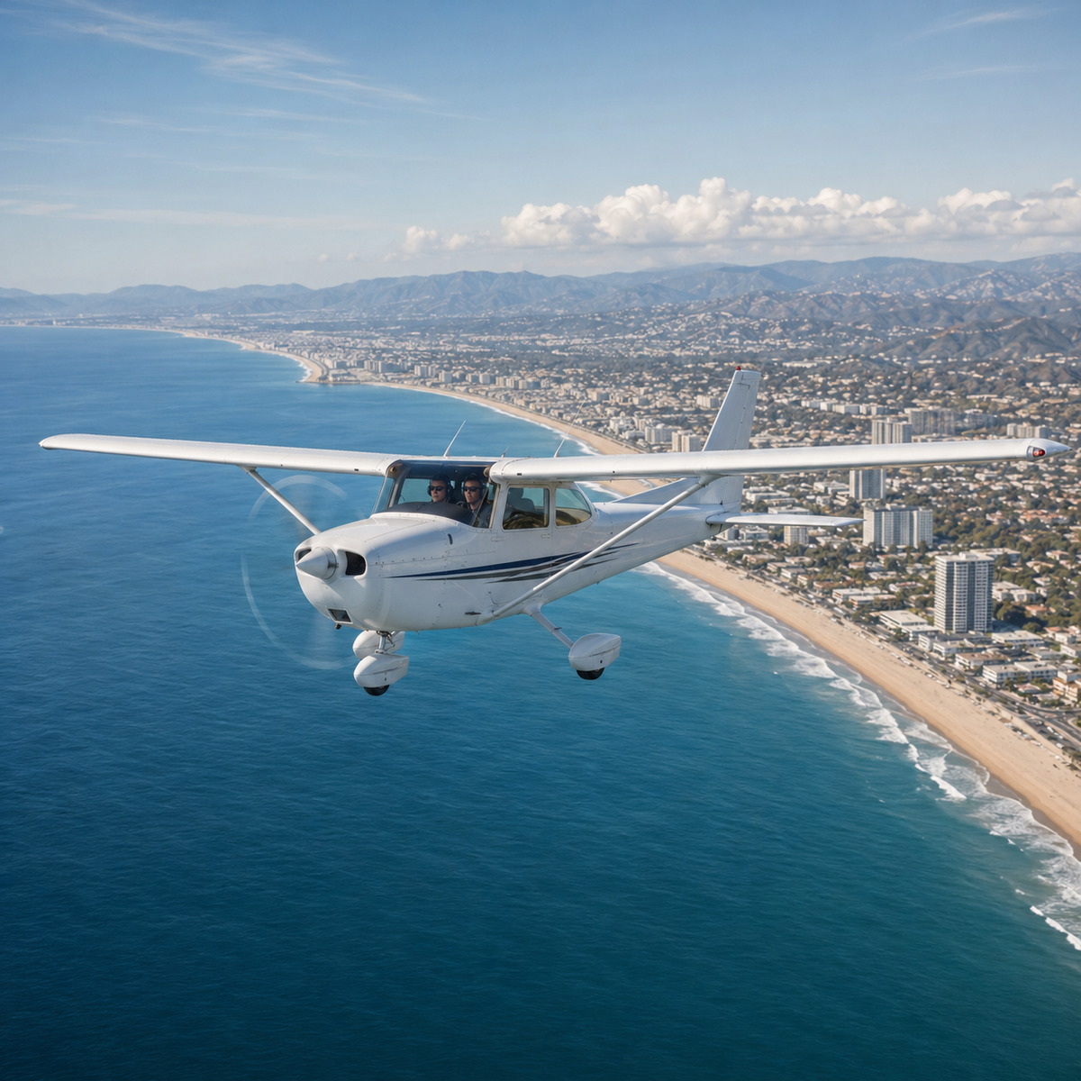 Cloud Aviation Cessna flying along the Santa Monica coastline
